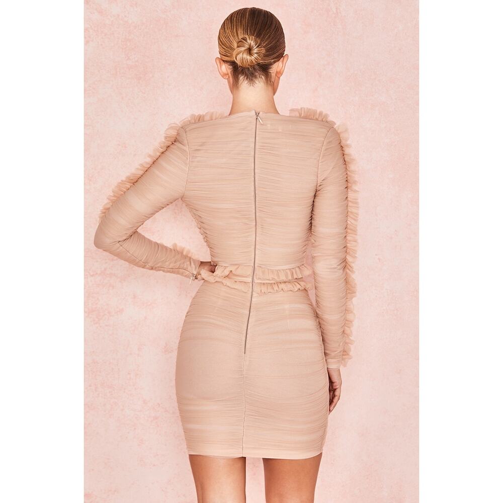 House of CB Fleur Blush Pleated Tulle Deep V Mini Dress Size XS - Picture 2 of 8